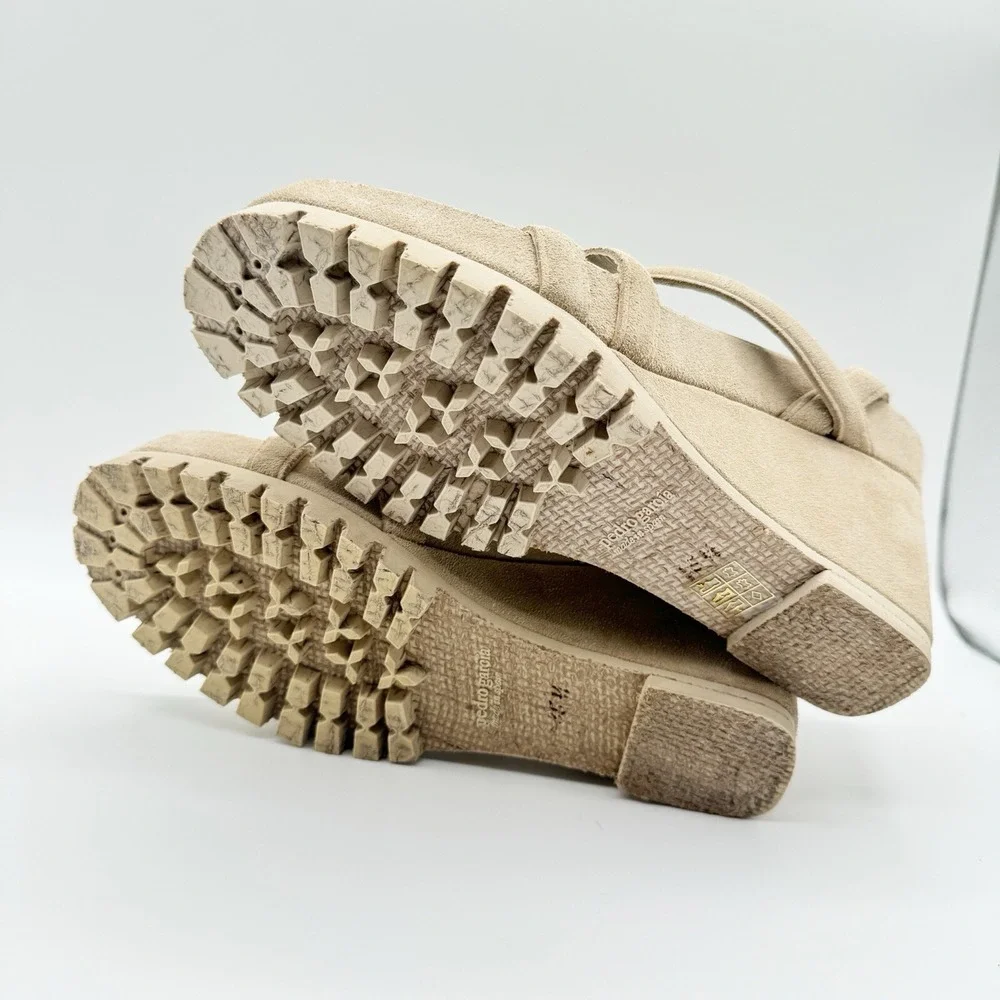 Pedro Garcia Jodie Suede Wedge Sandal Ankle Strap Heel Beige Size 35.5 5.5 $595